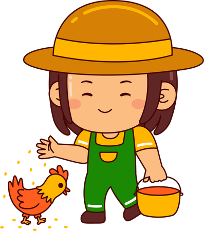 Petite fille d'agriculteur nourrissant une poule  Illustration