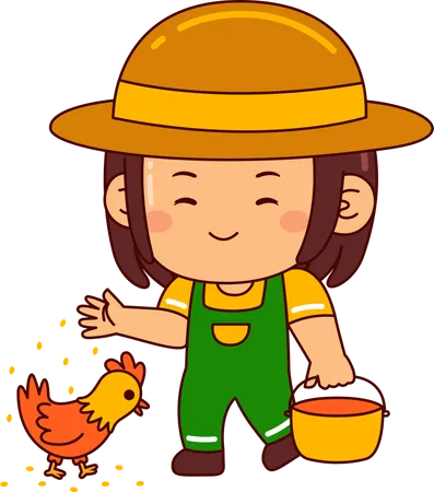 Petite fille d'agriculteur nourrissant une poule  Illustration