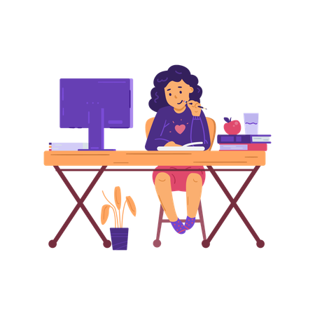 Petite fille à table étudiant en ligne  Illustration