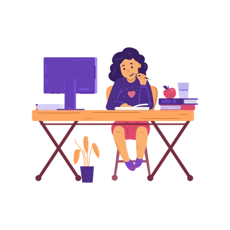 Petite fille à table étudiant en ligne  Illustration