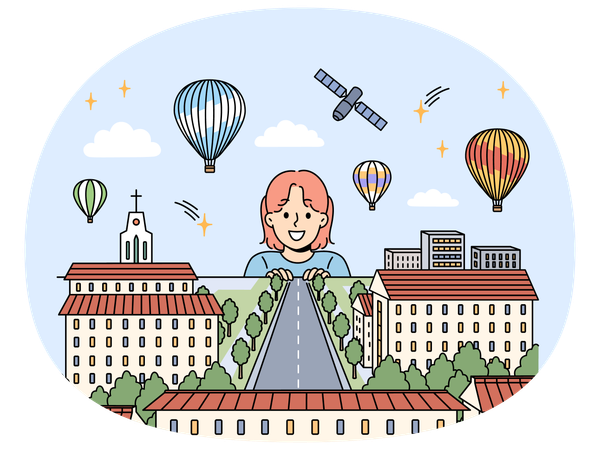 Une petite fille admire la maquette d'une ville avec des bâtiments miniatures et une route vide  Illustration