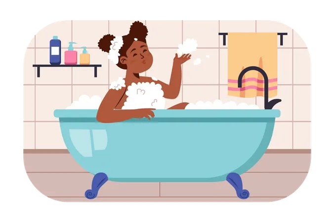 Petite fille africaine prenant un bain  Illustration