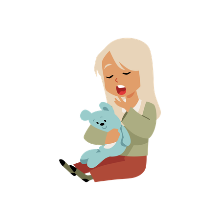 Petite fille assise et bâillante serrant un ours en peluche dans ses bras  Illustration