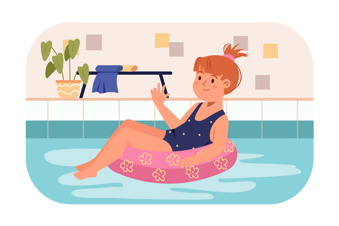 Petite fille assise sur un anneau en caoutchouc dans la piscine  Illustration