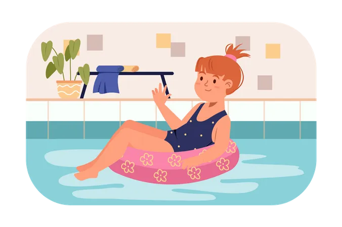 Petite fille assise sur un anneau en caoutchouc dans la piscine  Illustration