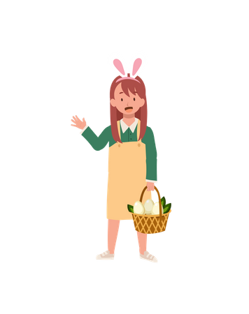 Petite fille aux oreilles de lapin avec un panier entièrement tiré de la chasse à un œuf de Pâques  Illustration