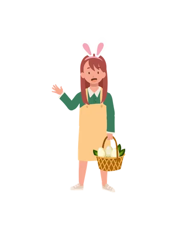 Petite fille aux oreilles de lapin avec un panier entièrement tiré de la chasse à un œuf de Pâques  Illustration