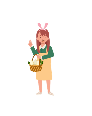 Petite fille avec des oreilles de lapin montrant entièrement son panier après avoir chassé un œuf de Pâques  Illustration