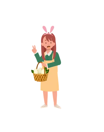 Petite fille avec des oreilles de lapin montrant entièrement son panier après avoir chassé un œuf de Pâques  Illustration