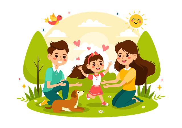 Petite fille avec parents et chien  Illustration