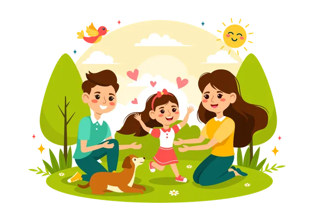 Petite fille avec parents et chien  Illustration