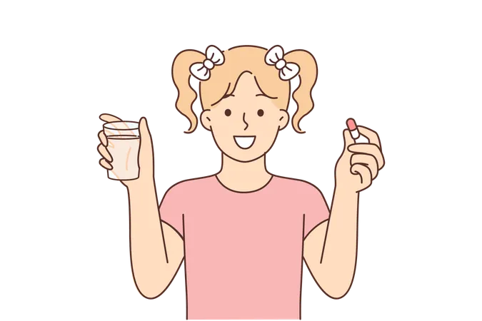 Petite fille avec pilule et verre d'eau sourit  Illustration