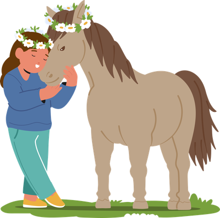 Petite fille avec un sourire radieux et une couronne de fleurs prend soin tendrement de son cheval sur le terrain d'été  Illustration