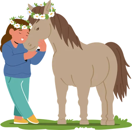 Petite fille avec un sourire radieux et une couronne de fleurs prend soin tendrement de son cheval sur le terrain d'été  Illustration