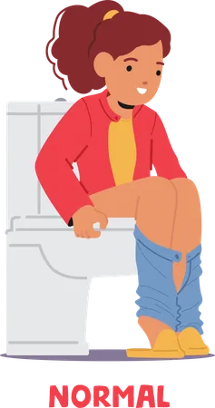 Une petite fille avec un tabouret typique est assise sur les toilettes  Illustration