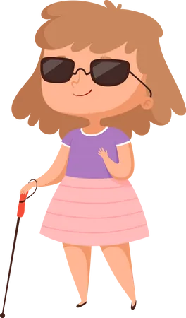 Petite fille aveugle avec canne et lunettes de soleil  Illustration