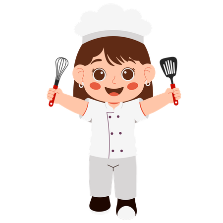 Petite fille chef tenant des ustensiles de cuisine  Illustration