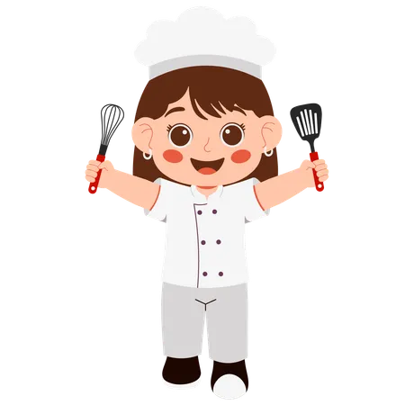 Petite fille chef tenant des ustensiles de cuisine  Illustration