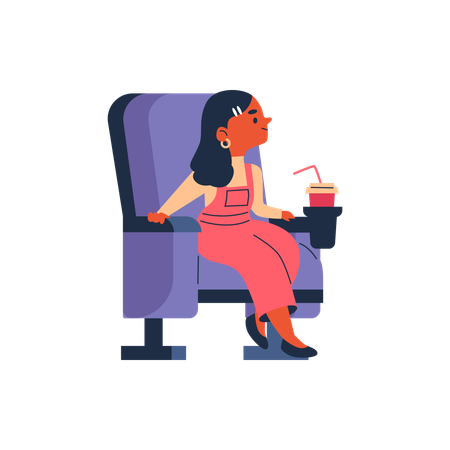 Petite fille assise dans une salle de cinéma avec un soda  Illustration