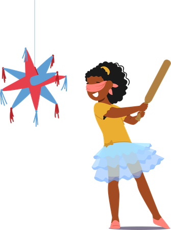 Une petite fille écrase une pinata lors de sa fête d'anniversaire  Illustration