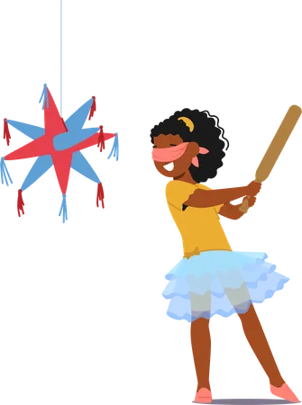 Une petite fille écrase une pinata lors de sa fête d'anniversaire  Illustration