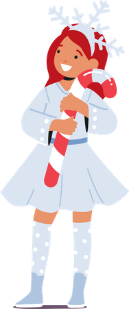 Petite fille en costume de flocon de neige et tenant une canne en bonbon  Illustration