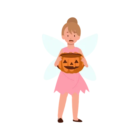 Petite fille en costume de robe de fée d'Halloween avec seau de citrouille  Illustration