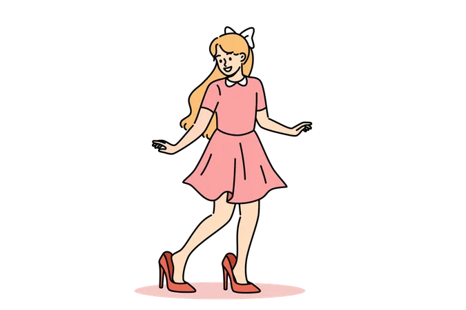 Petite fille fashionista essaie des chaussures de mère  Illustration