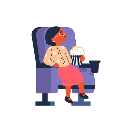 Petite fille heureuse assise dans un fauteuil de cinéma avec du pop-corn et regardant un film  Illustration