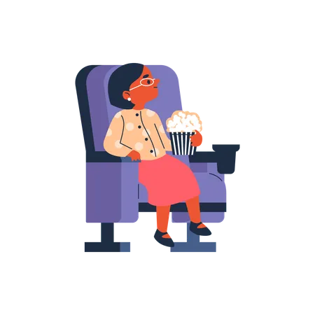 Petite fille heureuse assise dans un fauteuil de cinéma avec du pop-corn et regardant un film  Illustration