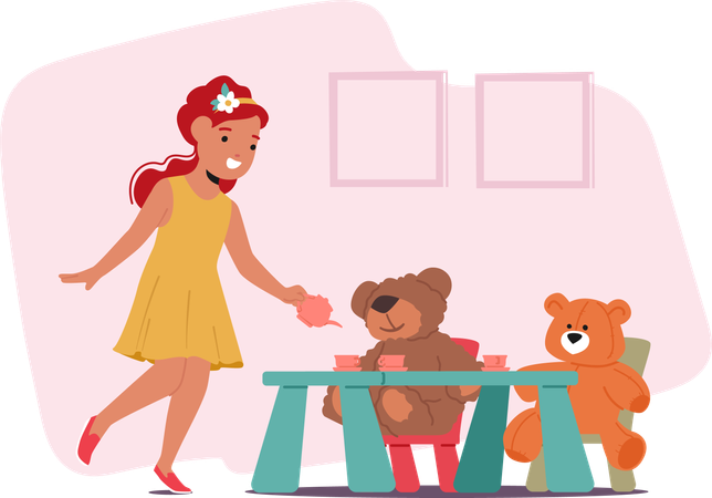 Une petite fille organise un délicieux goûter avec ses ours en peluche bien-aimés  Illustration