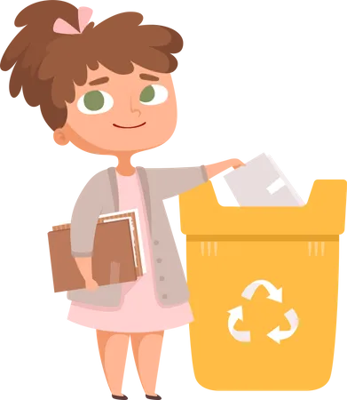 Petite fille jetant un cahier dans une poubelle  Illustration