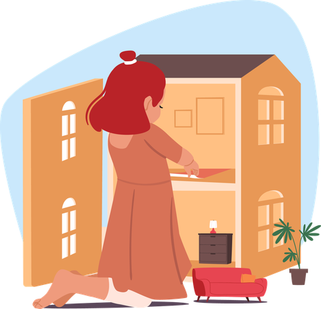 Petite fille jouant avec une maison de poupée créant un intérieur de maison confortable à partir de meubles jouets  Illustration