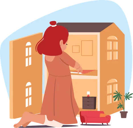 Petite fille jouant avec une maison de poupée créant un intérieur de maison confortable à partir de meubles jouets  Illustration