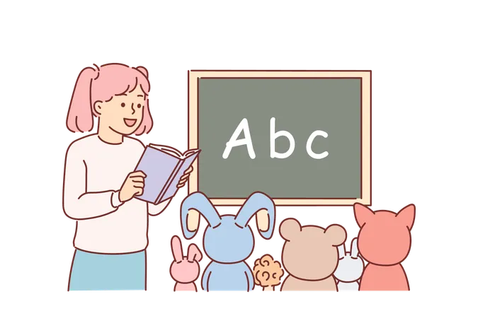 Une petite fille joue au professeur d'école et lit un livre aux jouets assis près du tableau noir avec l'alphabet  Illustration