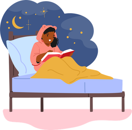 Petite fille lisant dans un lit confortable  Illustration