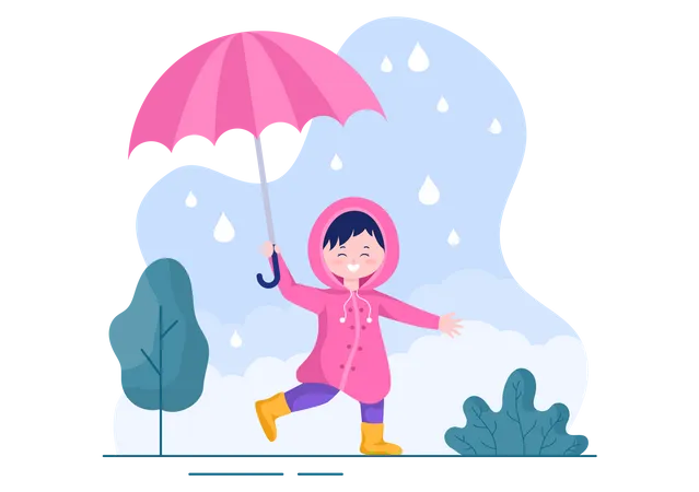 Petite fille marchant sous la pluie  Illustration