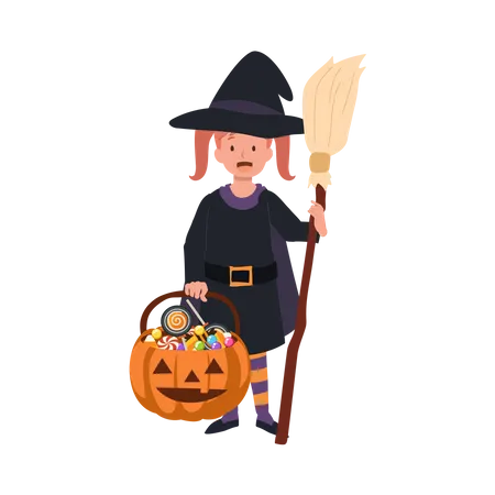 Petite fille mignonne en costumes d'Halloween comme sorcière  Illustration