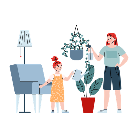 Petite fille occupée avec les tâches ménagères quotidiennes aidant ses parents à prendre soin d'une plante en pot  Illustration