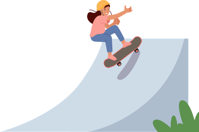 Petite fille patinant et sautant dans Skate Park  Illustration