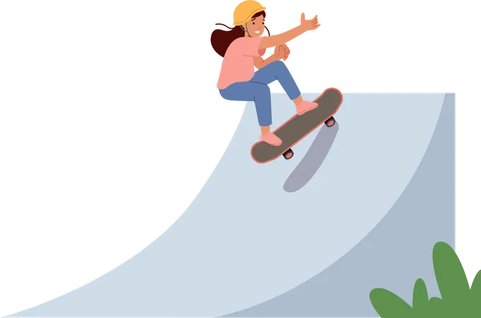 Petite fille patinant et sautant dans Skate Park  Illustration