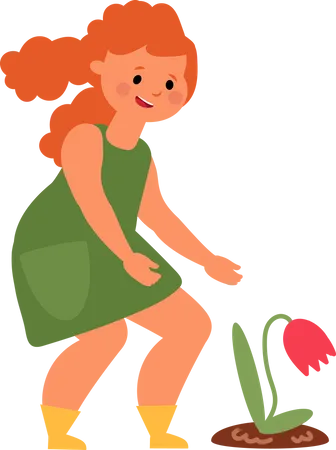 Petite fille plantant une fleur  Illustration