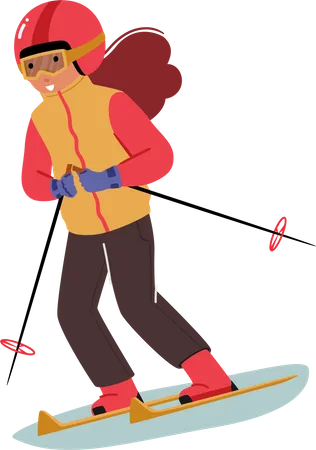 Petite fille portant un costume sportif chaud et des lunettes en descente à skis  Illustration