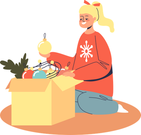 Petite fille prenant des jouets de décoration de Noël pour l'arbre de Noël  Illustration