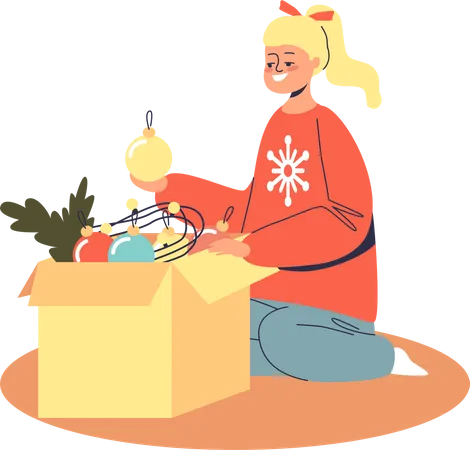 Petite fille prenant des jouets de décoration de Noël pour l'arbre de Noël  Illustration