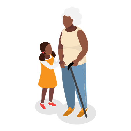 Une petite fille prend soin d'une femme âgée  Illustration