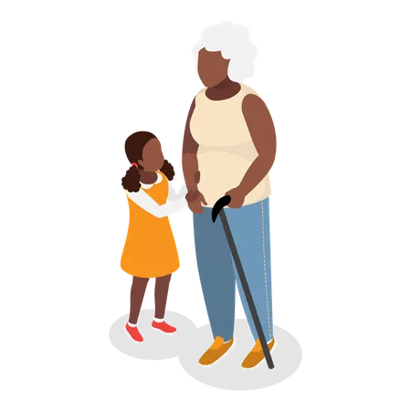 Une petite fille prend soin d'une femme âgée  Illustration