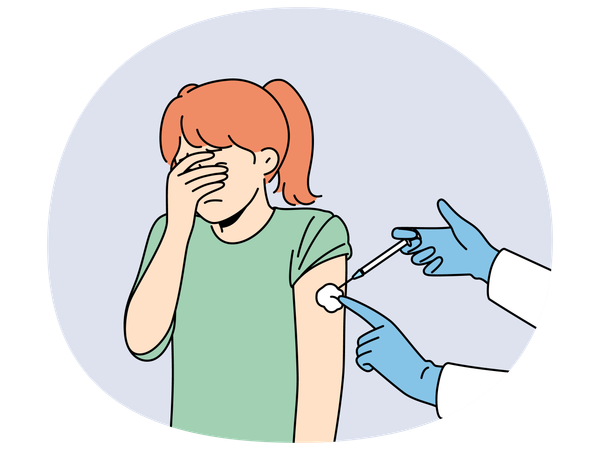 Une petite fille en pleurs a peur des injections et ferme les yeux pendant l'injection dans l'épaule  Illustration