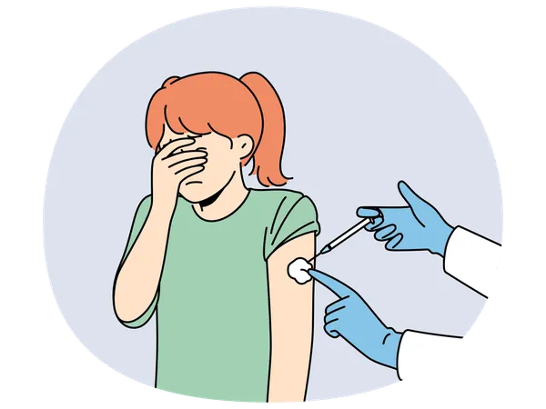 Une petite fille en pleurs a peur des injections et ferme les yeux pendant l'injection dans l'épaule  Illustration