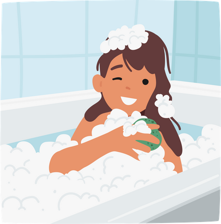 Petite fille faisant mousser joyeusement son corps avec une éponge dans le bain  Illustration